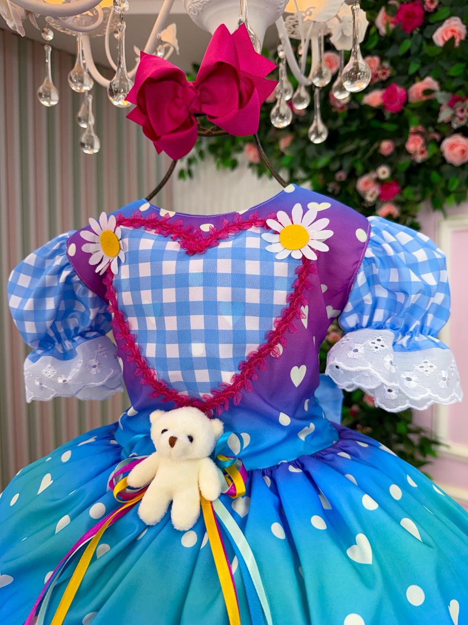 Vestido Marie Junino Luxo Ursinho do Sertão Azul - Leveza e Elegância para Meninas | Bebeloo Kids