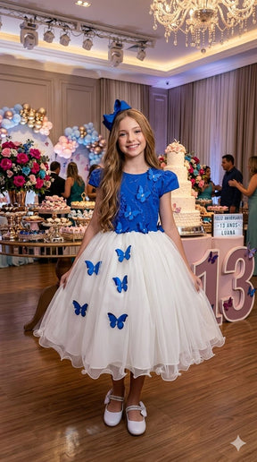 Vestido Juvenil - Midi Vila Lele Sabrina Azul Royal e Off - Leveza e Elegância para Meninas | Bebeloo Kids