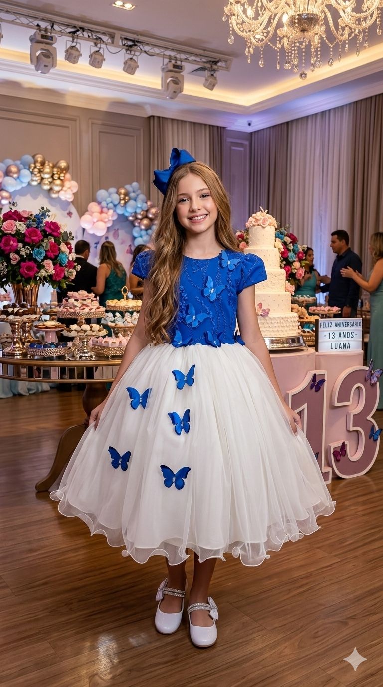 Vestido Juvenil - Midi Vila Lele Sabrina Azul Royal e Off - Leveza e Elegância para Meninas | Bebeloo Kids