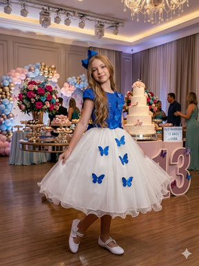 Vestido Juvenil - Midi Vila Lele Sabrina Azul Royal e Off - Leveza e Elegância para Meninas | Bebeloo Kids