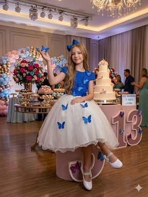 Vestido Juvenil - Midi Vila Lele Sabrina Azul Royal e Off - Leveza e Elegância para Meninas | Bebeloo Kids