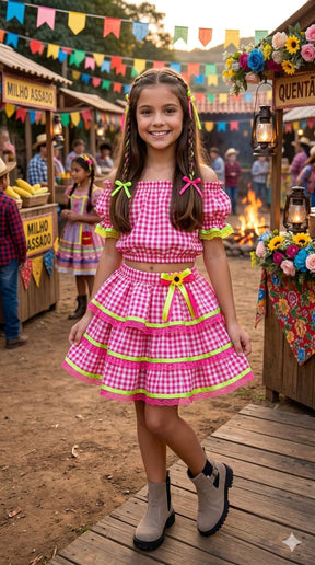 Conjunto Junino Banana Club Luxo Gabriela Xadrez Pink - Estilo Delicado para o Dia a Dia | Bebeloo Kids