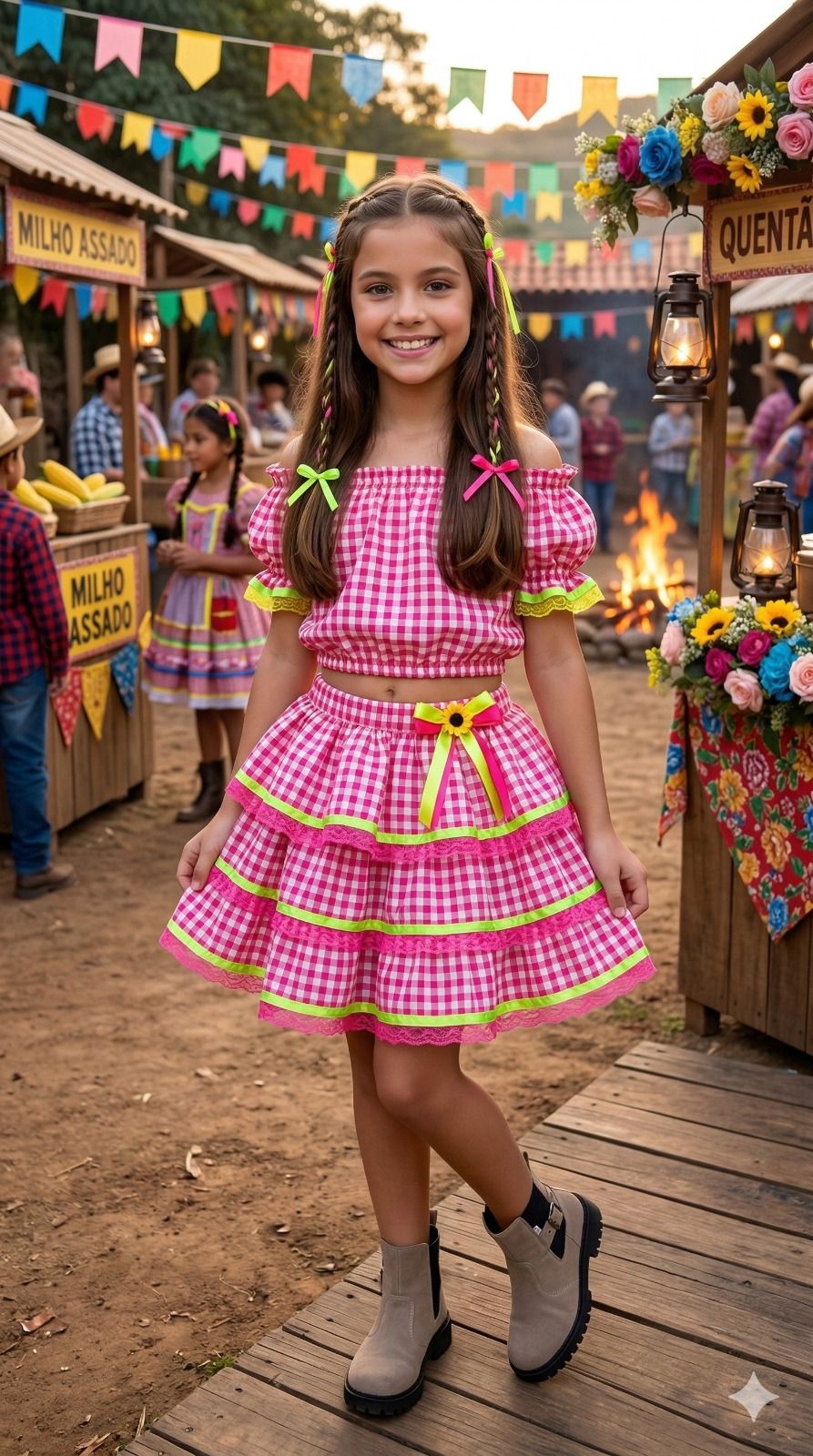 Conjunto Junino Banana Club Luxo Gabriela Xadrez Pink - Estilo Delicado para o Dia a Dia | Bebeloo Kids