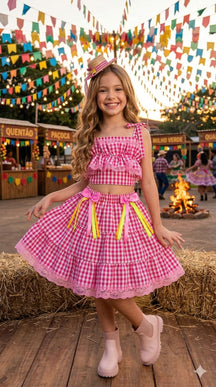 Conjunto Junino Banana Club Luxo Charme do Arraiá Rosa - Estilo Delicado para o Dia a Dia | Bebeloo Kids