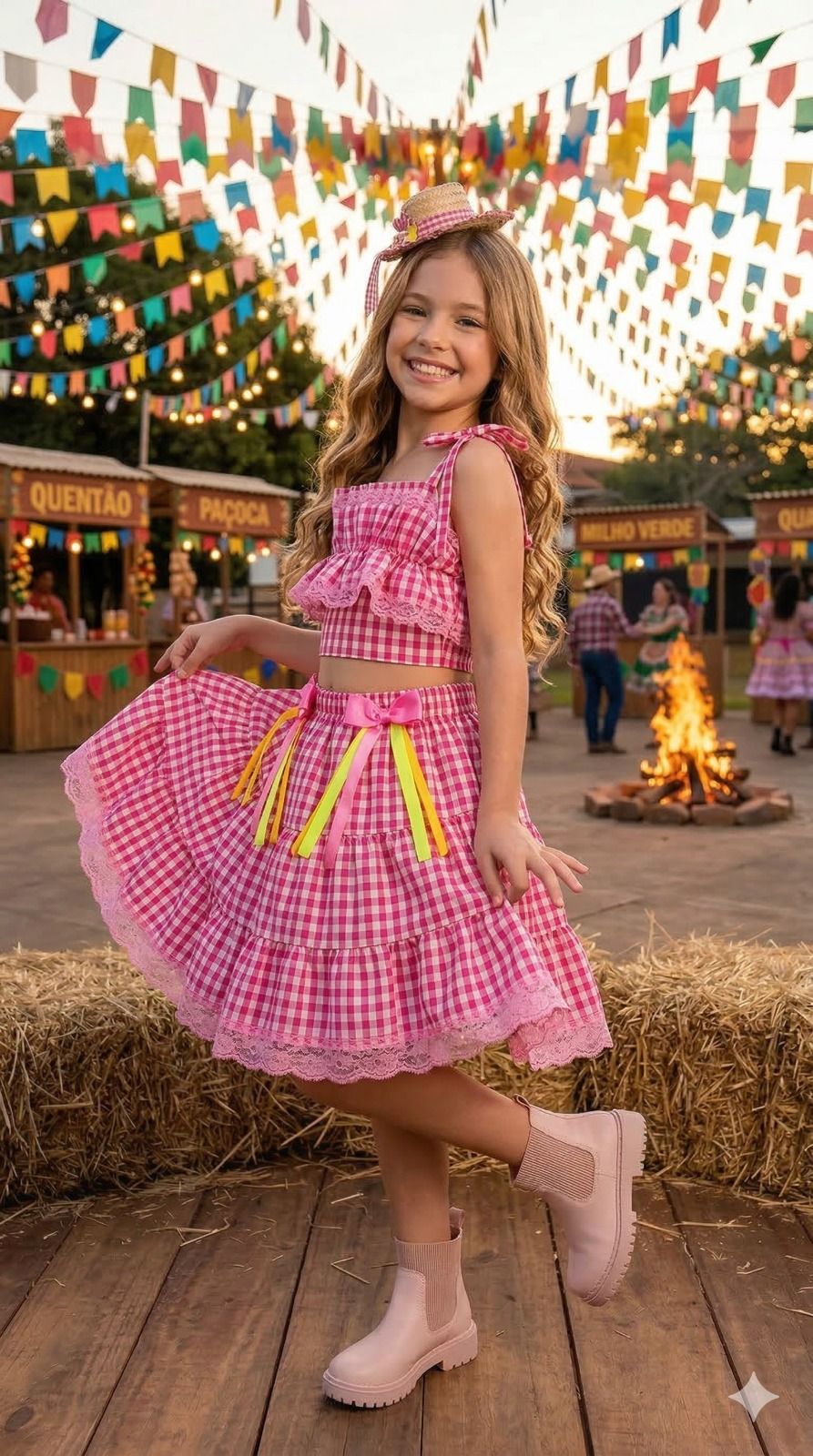 Conjunto Junino Banana Club Luxo Charme do Arraiá Rosa - Estilo Delicado para o Dia a Dia | Bebeloo Kids