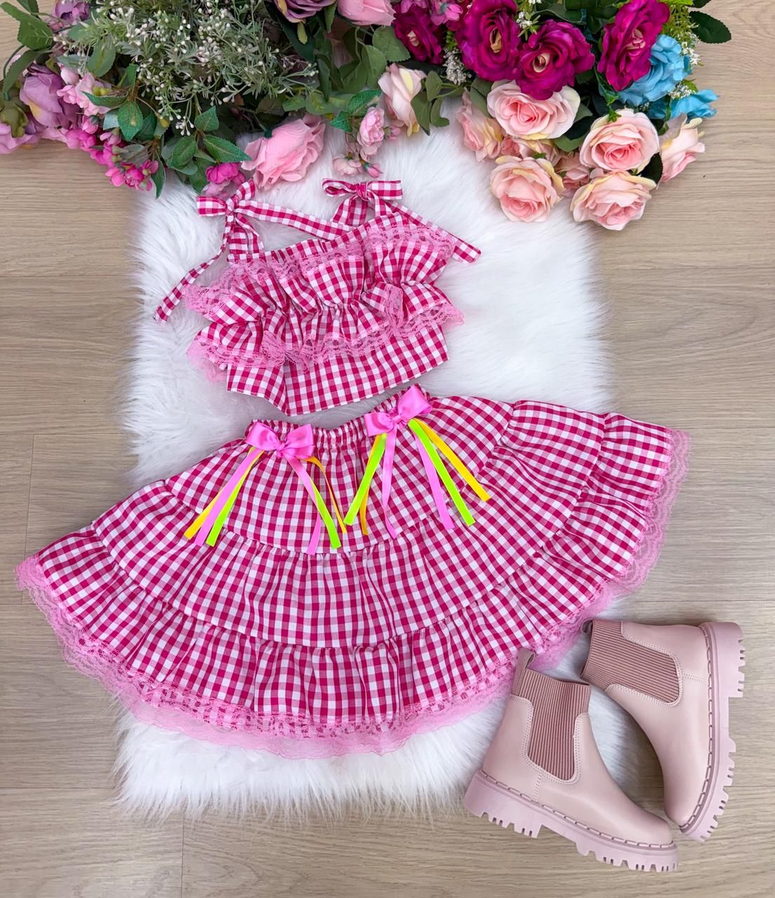 Conjunto Junino Banana Club Luxo Charme do Arraiá Rosa - Estilo Delicado para o Dia a Dia | Bebeloo Kids