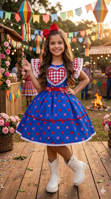 Vestido Mini Miss Junino Sertão Amor Caipira Azul Royal - Leveza e Elegância para Meninas | Bebeloo Kids