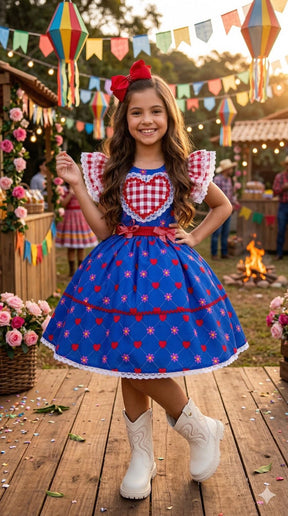 Vestido Mini Miss Junino Sertão Amor Caipira Azul Royal - Leveza e Elegância para Meninas | Bebeloo Kids