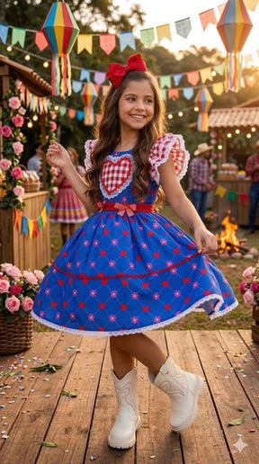 Vestido Mini Miss Junino Sertão Amor Caipira Azul Royal - Leveza e Elegância para Meninas | Bebeloo Kids