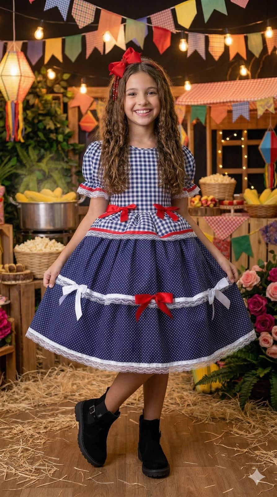 Vestido Junino Mimadine Luxo Stefanny Azul Marinho - Leveza e Elegância para Meninas | Bebeloo Kids