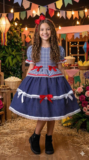 Vestido Junino Mimadine Luxo Stefanny Azul Marinho - Leveza e Elegância para Meninas | Bebeloo Kids