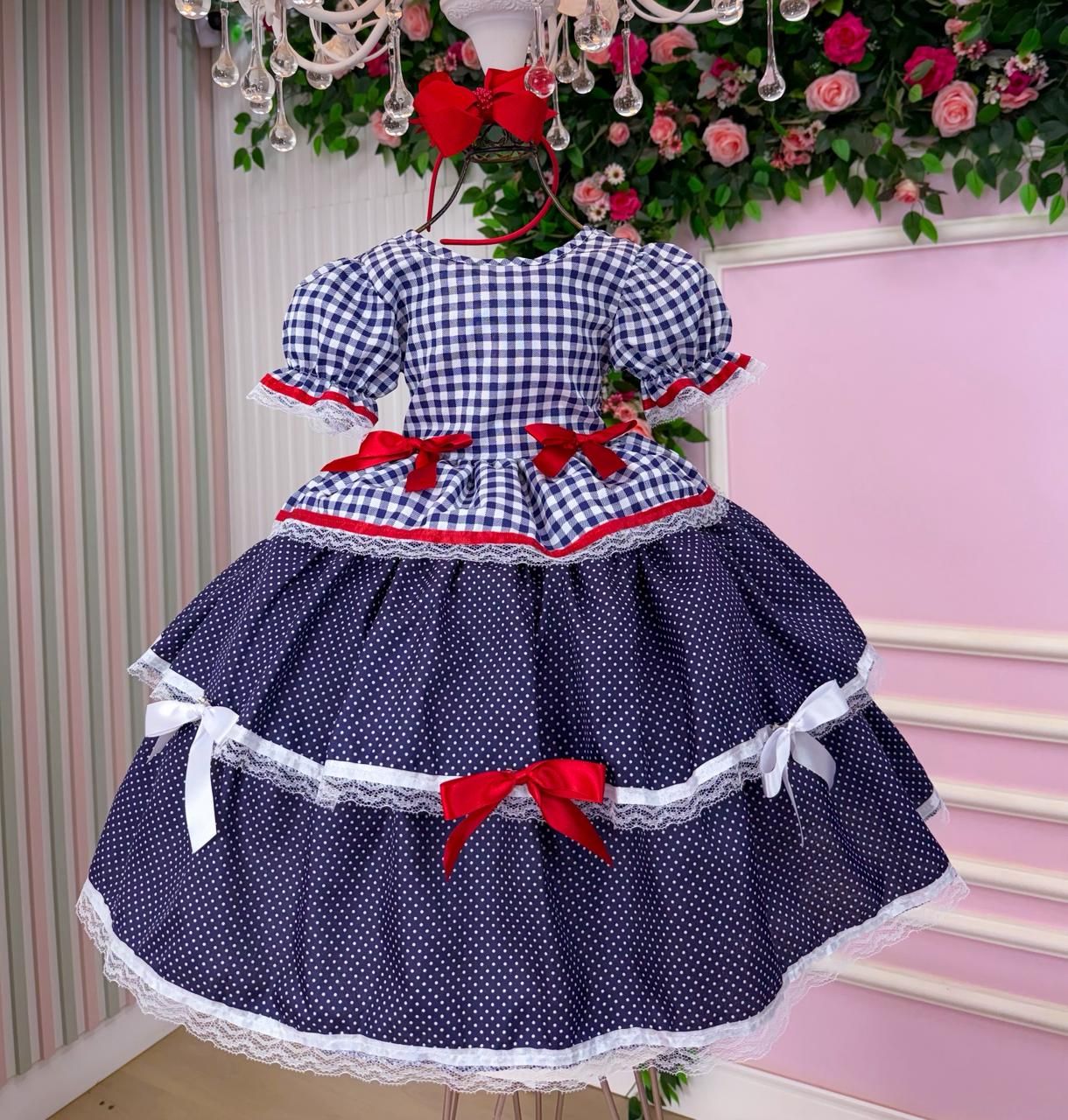 Vestido Junino Mimadine Luxo Stefanny Azul Marinho - Leveza e Elegância para Meninas | Bebeloo Kids