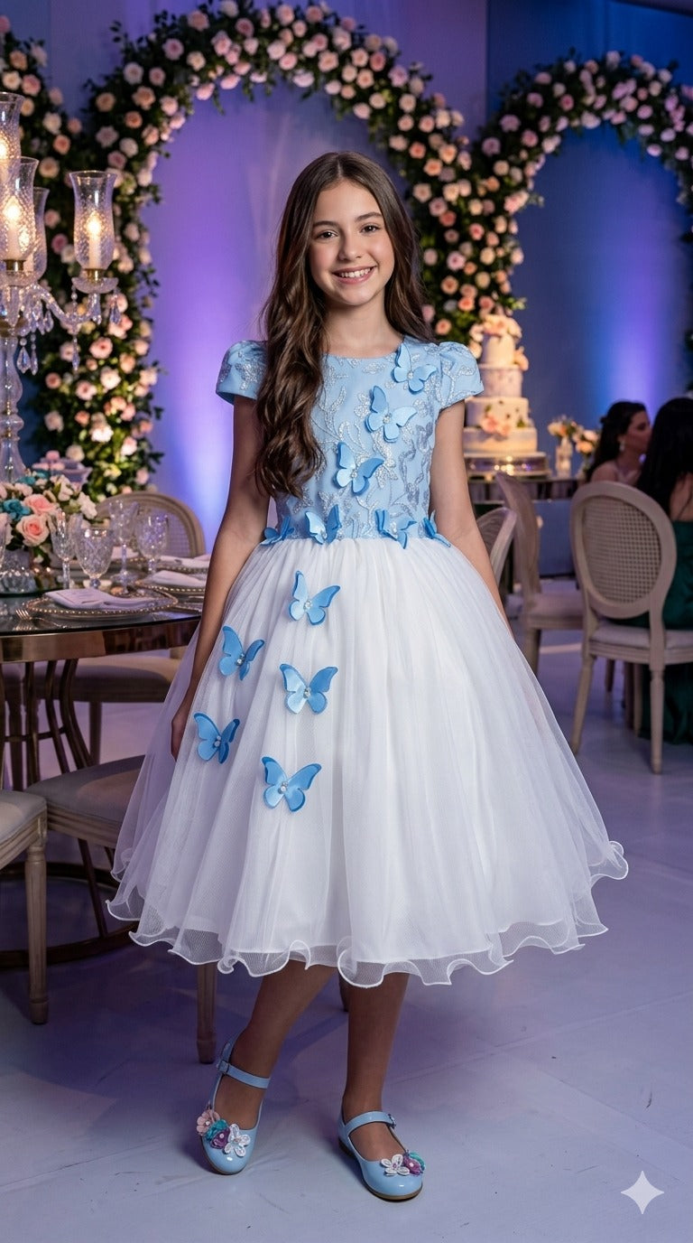 Vestido Juvenil - Midi Vila Lele Sabrina Azul Bebe e Off - Leveza e Elegância para Meninas | Bebeloo Kids