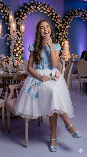 Vestido Juvenil - Midi Vila Lele Sabrina Azul Bebe e Off - Leveza e Elegância para Meninas | Bebeloo Kids