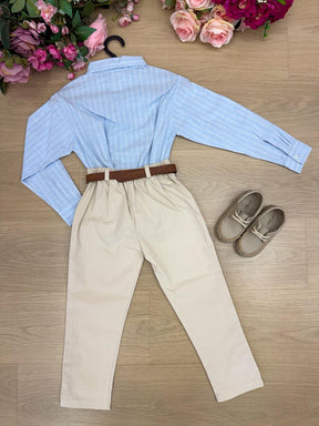 Conjunto Social Miss Cherry Henrique Azul Calça Bege - Estilo Delicado para o Dia a Dia | Bebeloo Kids