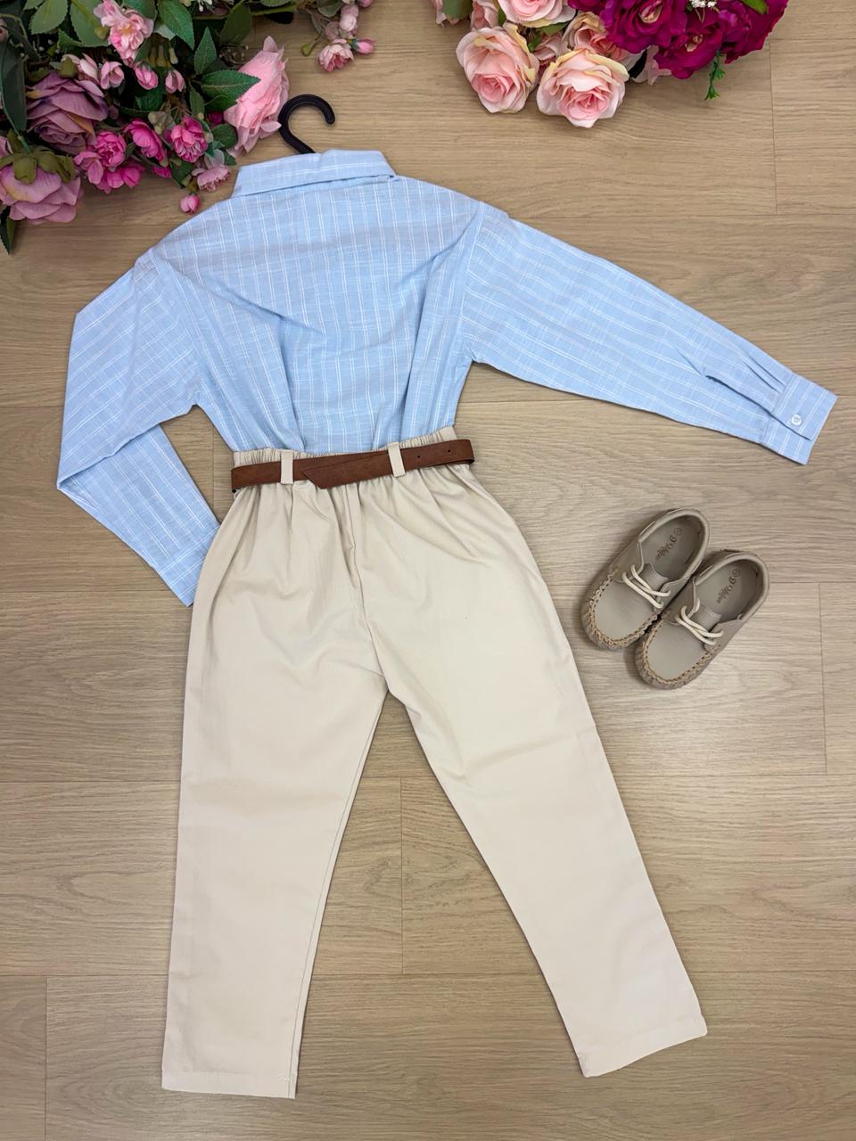 Conjunto Social Miss Cherry Henrique Azul Calça Bege - Estilo Delicado para o Dia a Dia | Bebeloo Kids