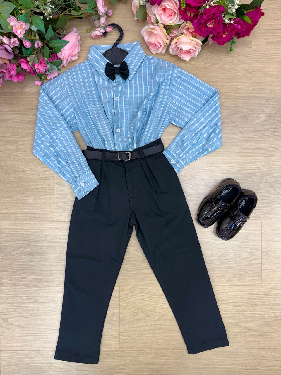 Conjunto Social Miss Cherry Henrique Azul Calça Preta - Estilo Delicado para o Dia a Dia | Bebeloo Kids