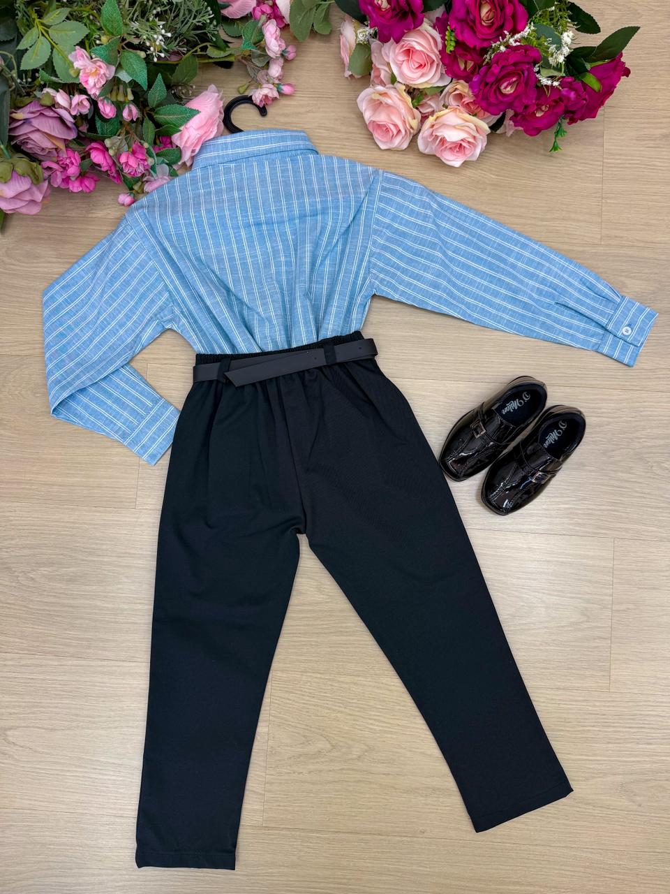 Conjunto Social Miss Cherry Henrique Azul Calça Preta - Estilo Delicado para o Dia a Dia | Bebeloo Kids