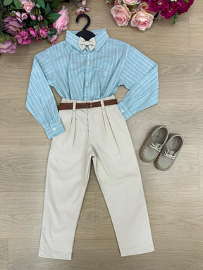 Conjunto Social Miss Cherry Henrique Verde Calça Bege - Estilo Delicado para o Dia a Dia | Bebeloo Kids