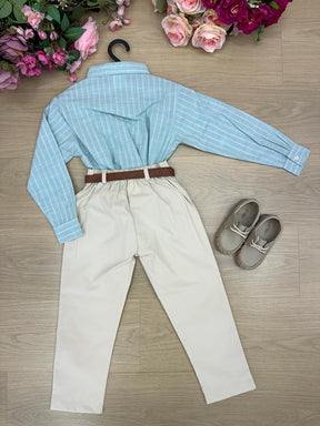 Conjunto Social Miss Cherry Henrique Verde Calça Bege - Estilo Delicado para o Dia a Dia | Bebeloo Kids