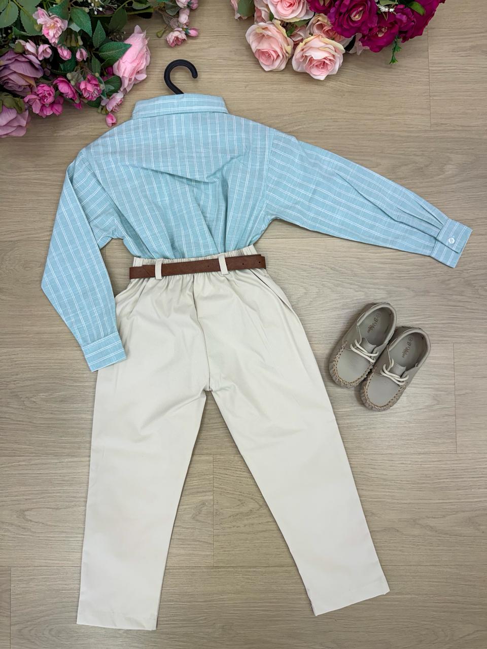 Conjunto Social Miss Cherry Henrique Verde Calça Bege - Estilo Delicado para o Dia a Dia | Bebeloo Kids