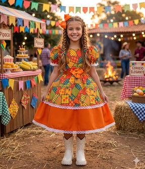 Vestido Mini Miss Junino Estrela do Sertão Laranja - Leveza e Elegância para Meninas | Bebeloo Kids