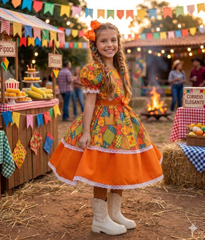 Vestido Mini Miss Junino Estrela do Sertão Laranja - Leveza e Elegância para Meninas | Bebeloo Kids