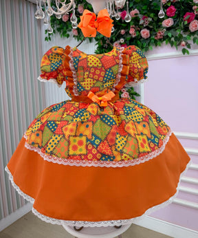 Vestido Mini Miss Junino Estrela do Sertão Laranja - Leveza e Elegância para Meninas | Bebeloo Kids