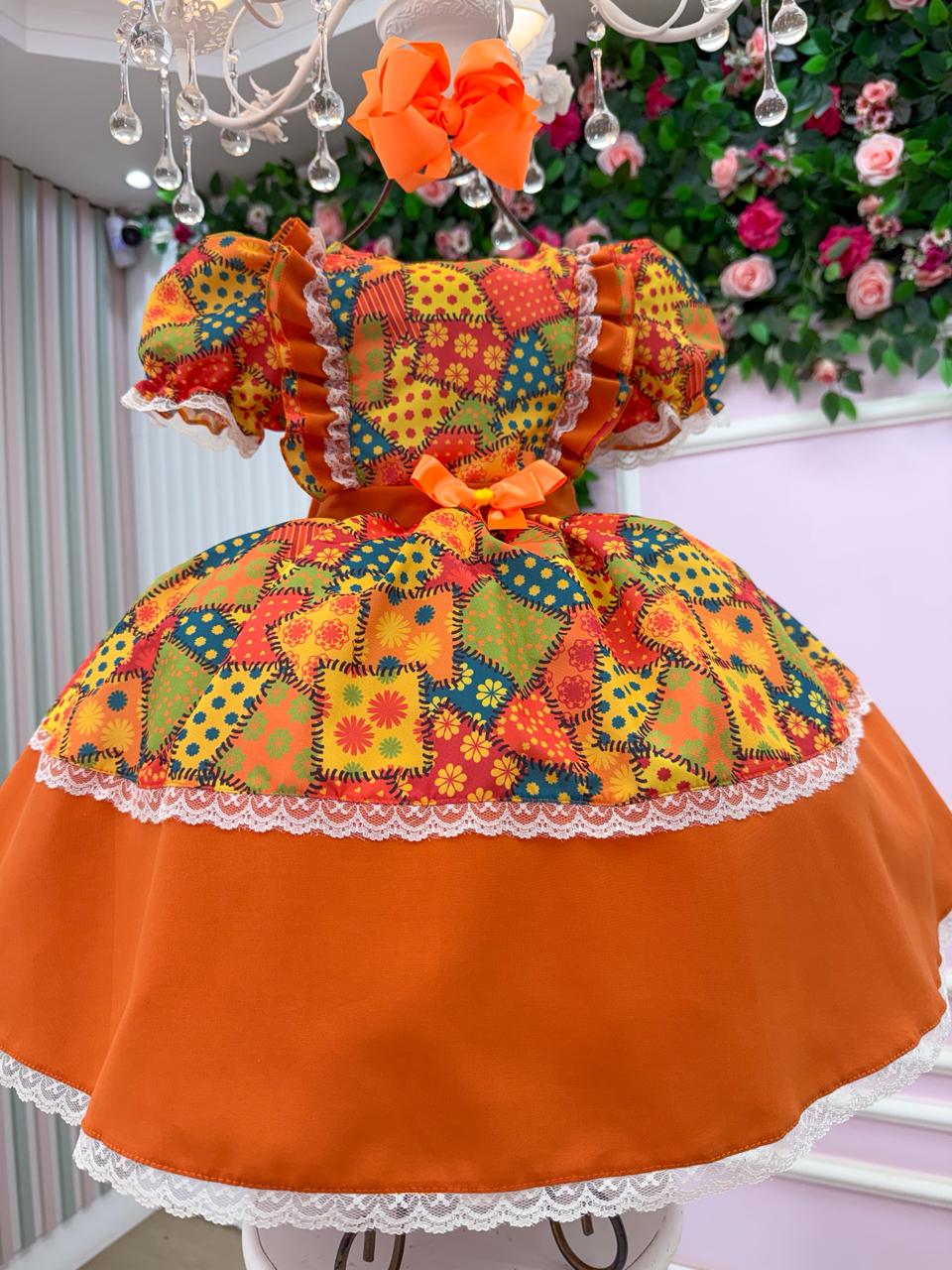 Vestido Mini Miss Junino Estrela do Sertão Laranja - Leveza e Elegância para Meninas | Bebeloo Kids