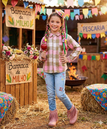 Camisa Flanelada Xadrez Junina Taylor Rosa - Elegância e Conforto para os Pequenos | Bebeloo Kids