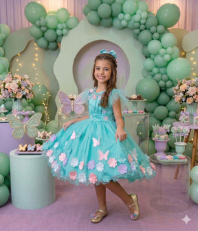 Vestido Marie Jardim Encantado Isis Luxinho Verde Tiffany - Leveza e Elegância para Meninas | Bebeloo Kids
