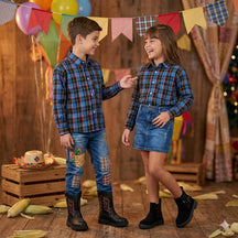 Camisa Junina Xadrez Breno Azul - Elegância e Conforto para os Pequenos | Bebeloo Kids