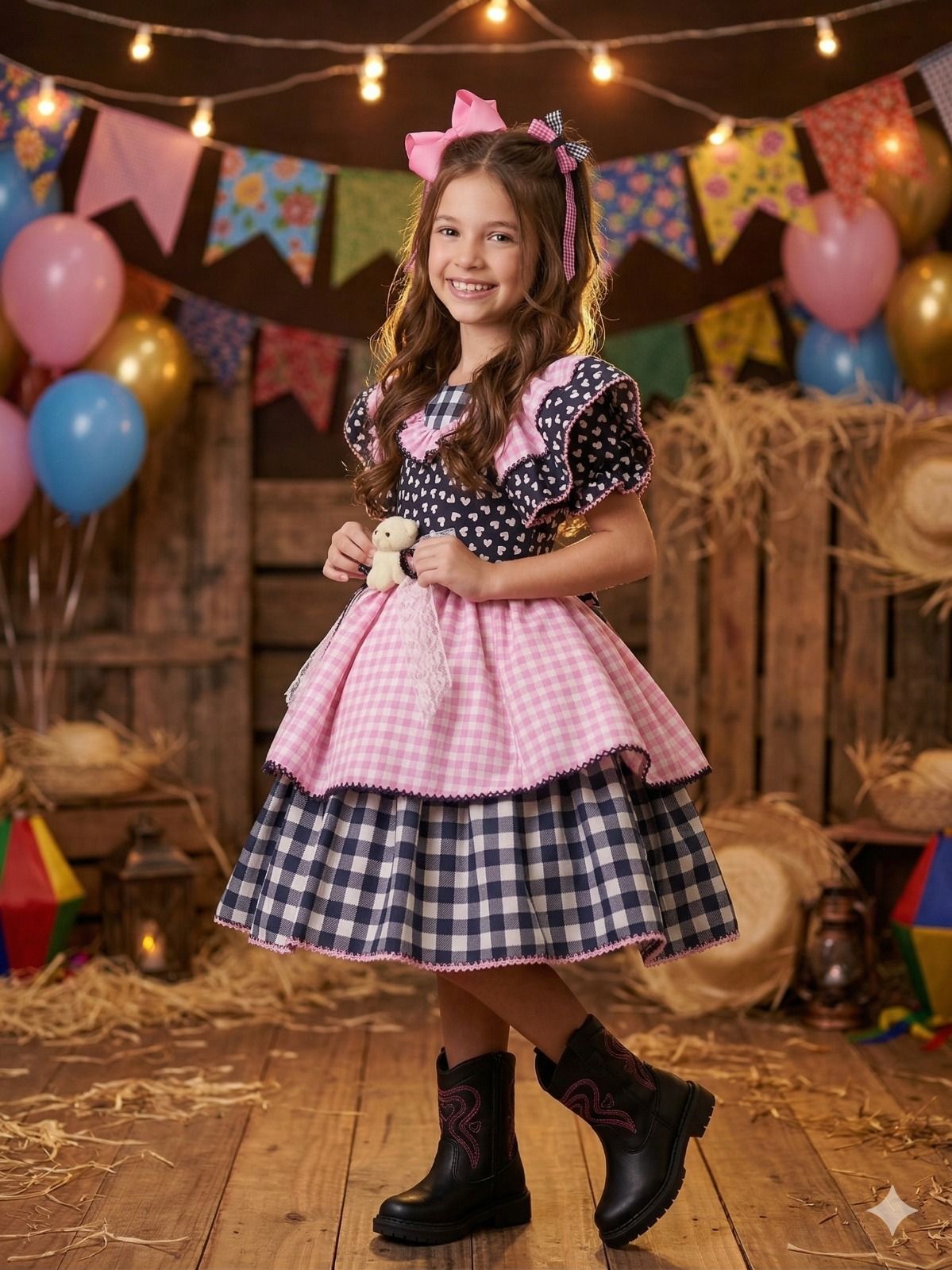 Vestido Marie Junino Luxo Ursinho do Sertão Mimosa Preto (VESTMREMMSURNHDSRTOMMSPRT2)