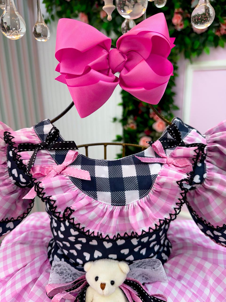 Vestido Marie Junino Luxo Ursinho do Sertão Mimosa Preto (VESTMREMMSURNHDSRTOMMSPRT2)