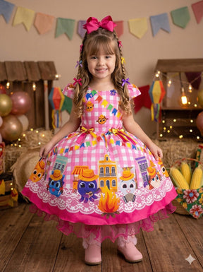 Vestido Junino Temáticos Kids Luxo Bolo Fofo Rosa - Leveza e Elegância para Meninas | Bebeloo Kids