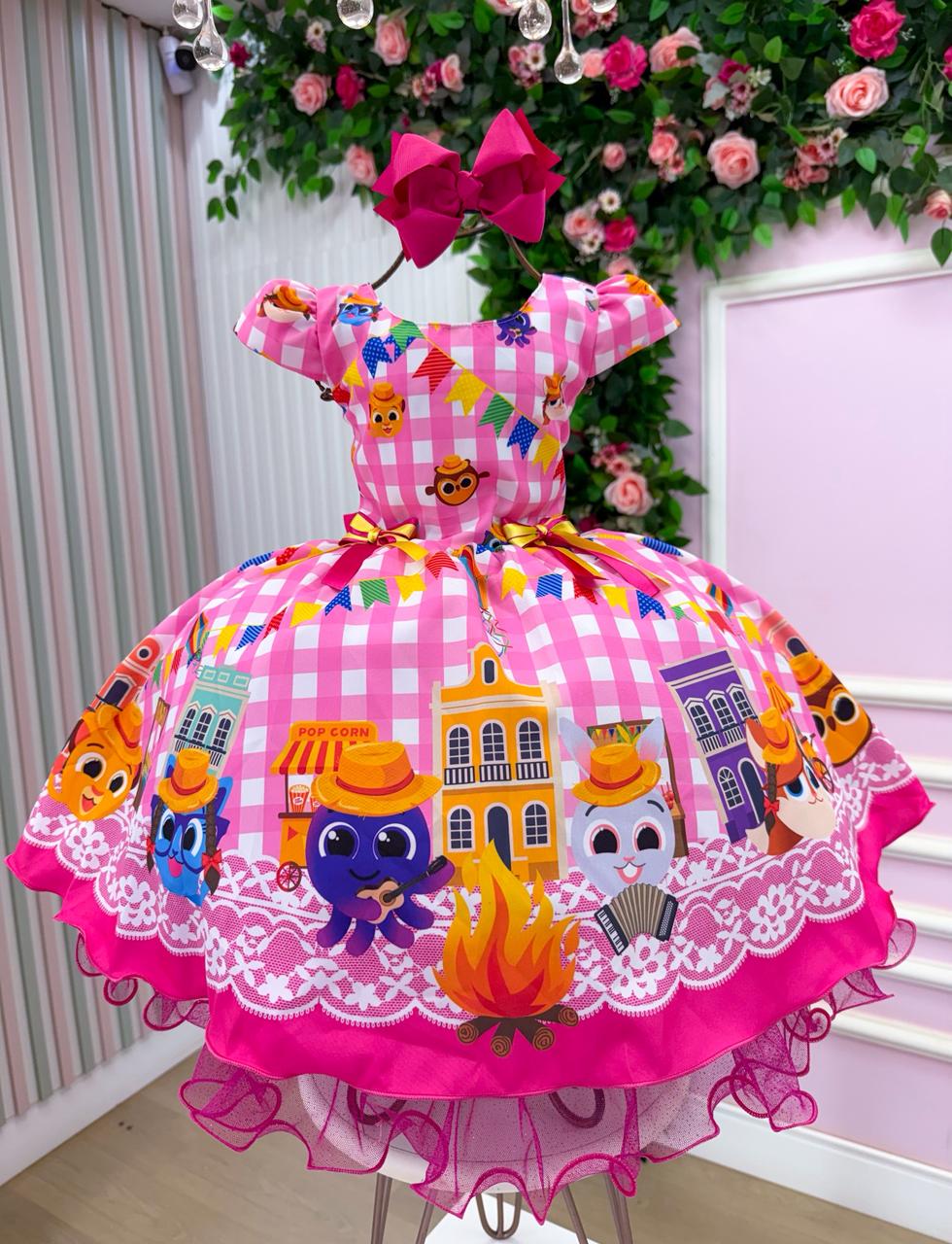 Vestido Junino Temáticos Kids Luxo Bolo Fofo Rosa - Leveza e Elegância para Meninas | Bebeloo Kids