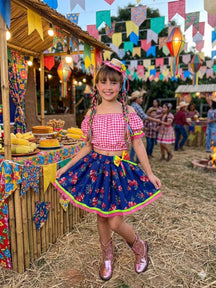 Conjunto Junino Banana Club Luxo Mirela Saia Florida Azul - Estilo Delicado para o Dia a Dia | Bebeloo Kids
