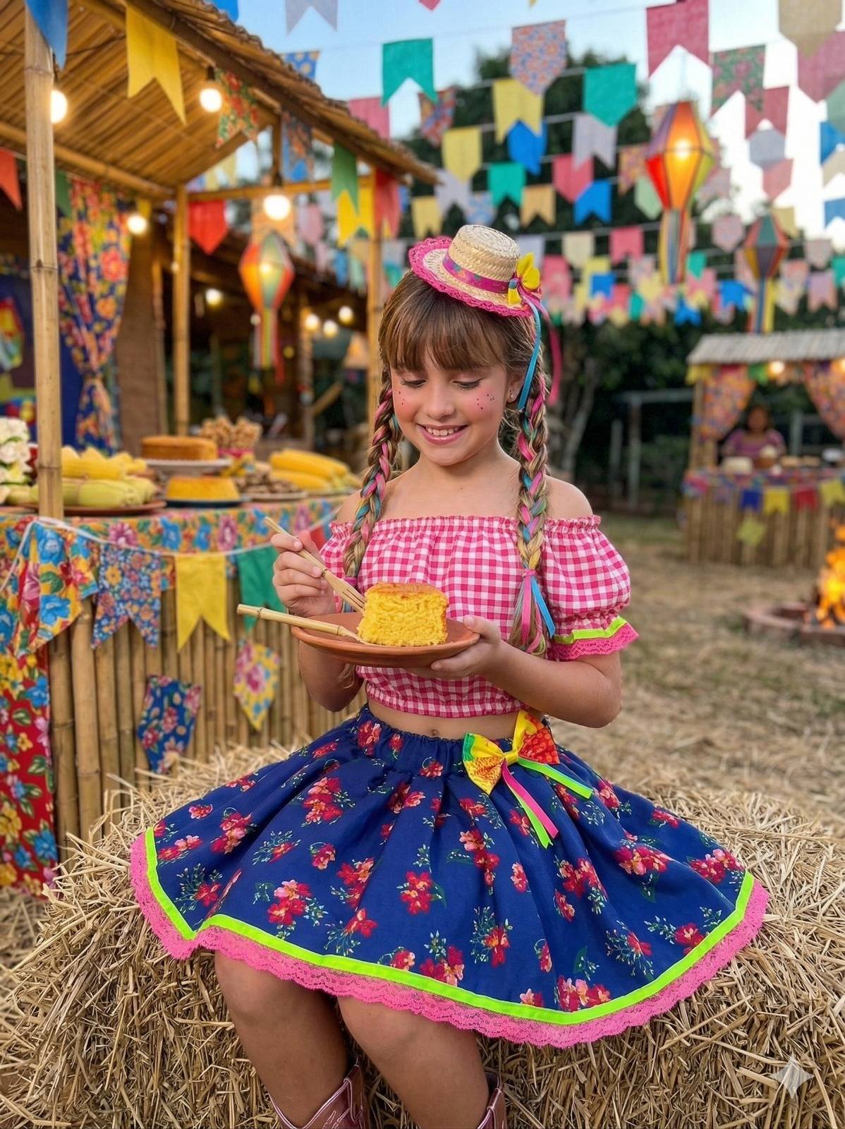 Conjunto Junino Banana Club Luxo Mirela Saia Florida Azul - Estilo Delicado para o Dia a Dia | Bebeloo Kids