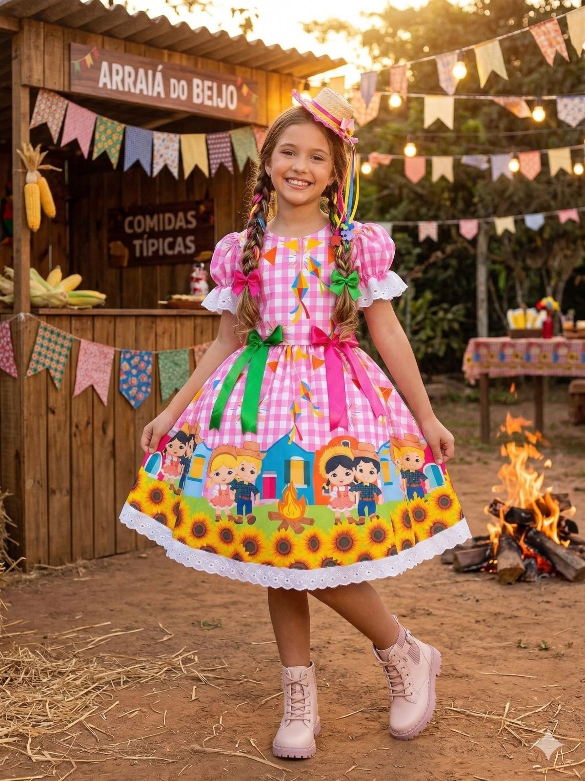 Vestido Marie Junino Luxo Arraia Do Sorriso Rosa - Leveza e Elegância para Meninas | Bebeloo Kids