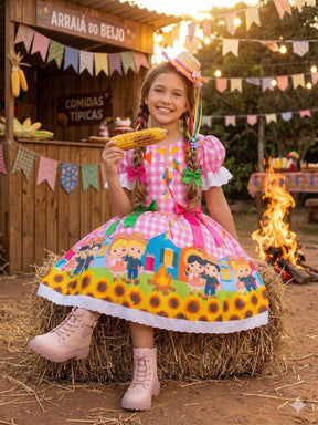 Vestido Marie Junino Luxo Arraia Do Sorriso Rosa - Leveza e Elegância para Meninas | Bebeloo Kids