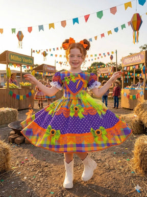 Vestido Marie Junino Luxo Arraia do Coração Roxo - Leveza e Elegância para Meninas | Bebeloo Kids