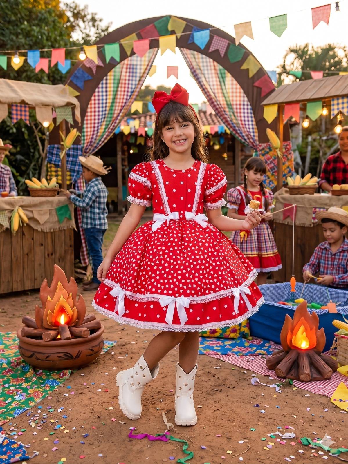 Vestido Junino Mimadine Luxo Larissa Vermelho - Leveza e Elegância para Meninas | Bebeloo Kids