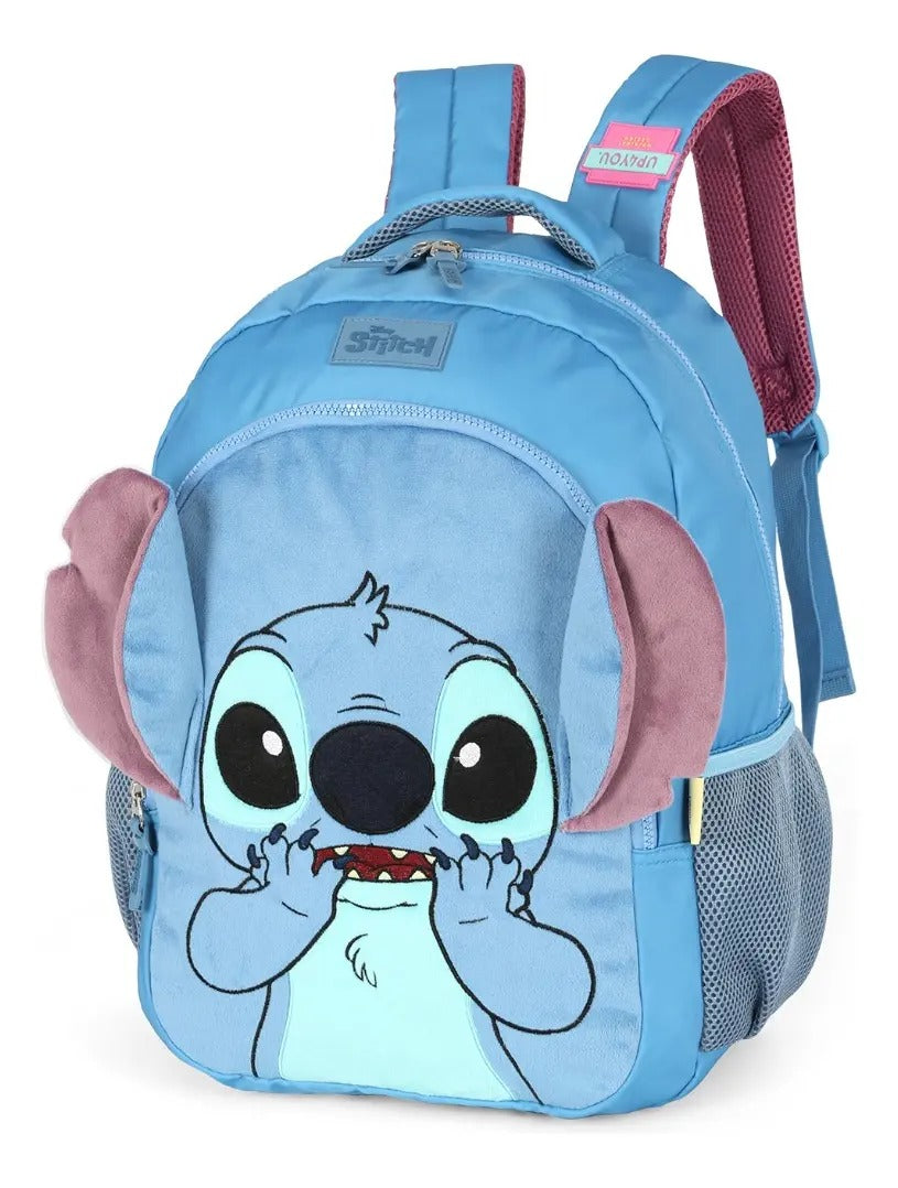 Mochila De Costa Stitch Orelhinhas Pelucia Azul | Bebeloo Kids