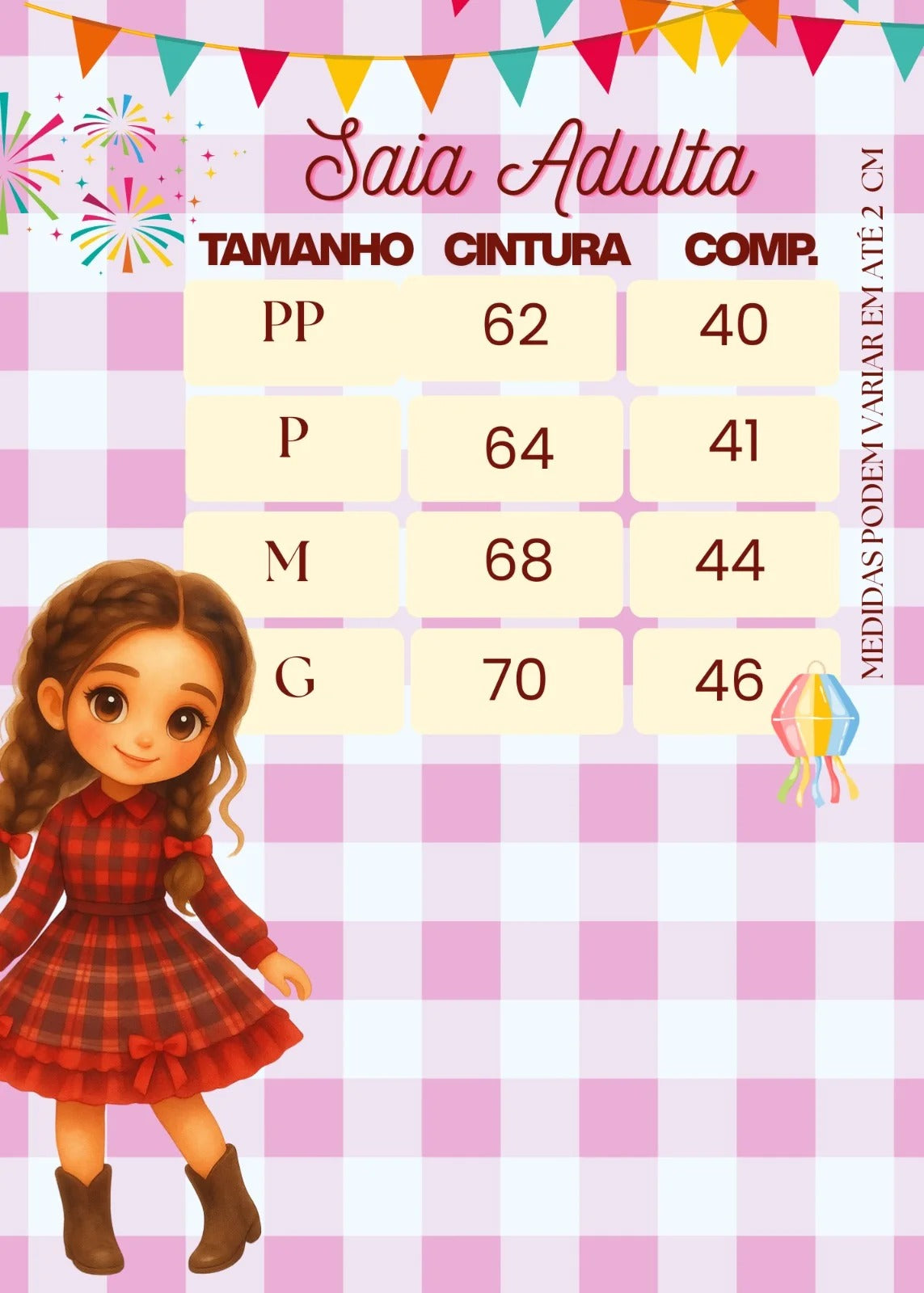 Saia Junina Adulta Xadrez Renda Pink (SJNAXRP)